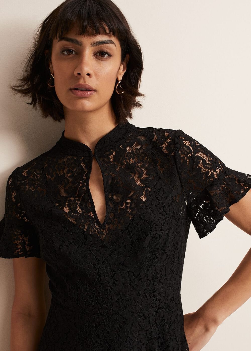 Black Short Sleeve Lace Midi Dress with Keyhole Neckline Black