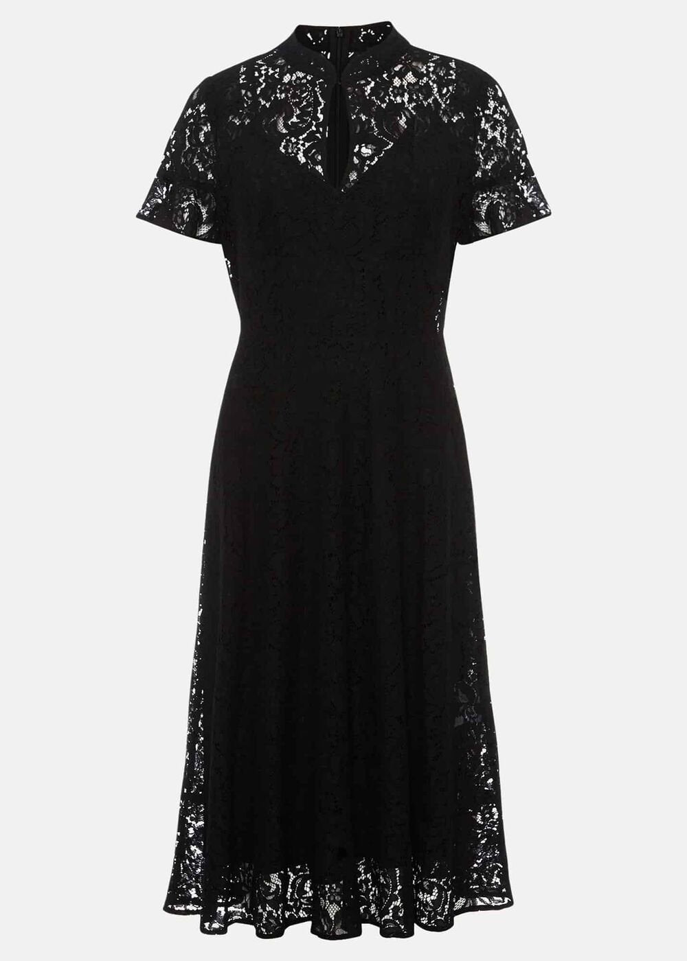 Black Short Sleeve Lace Midi Dress with Keyhole Neckline Black