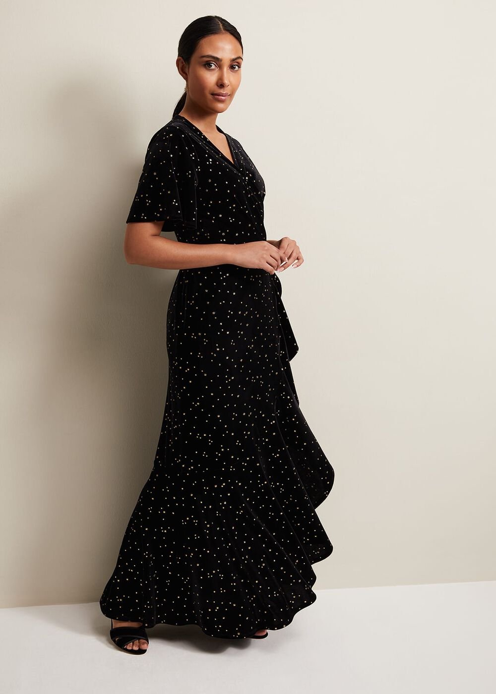 Petite Holly Velvet Star Wrap Maxi Dress Black