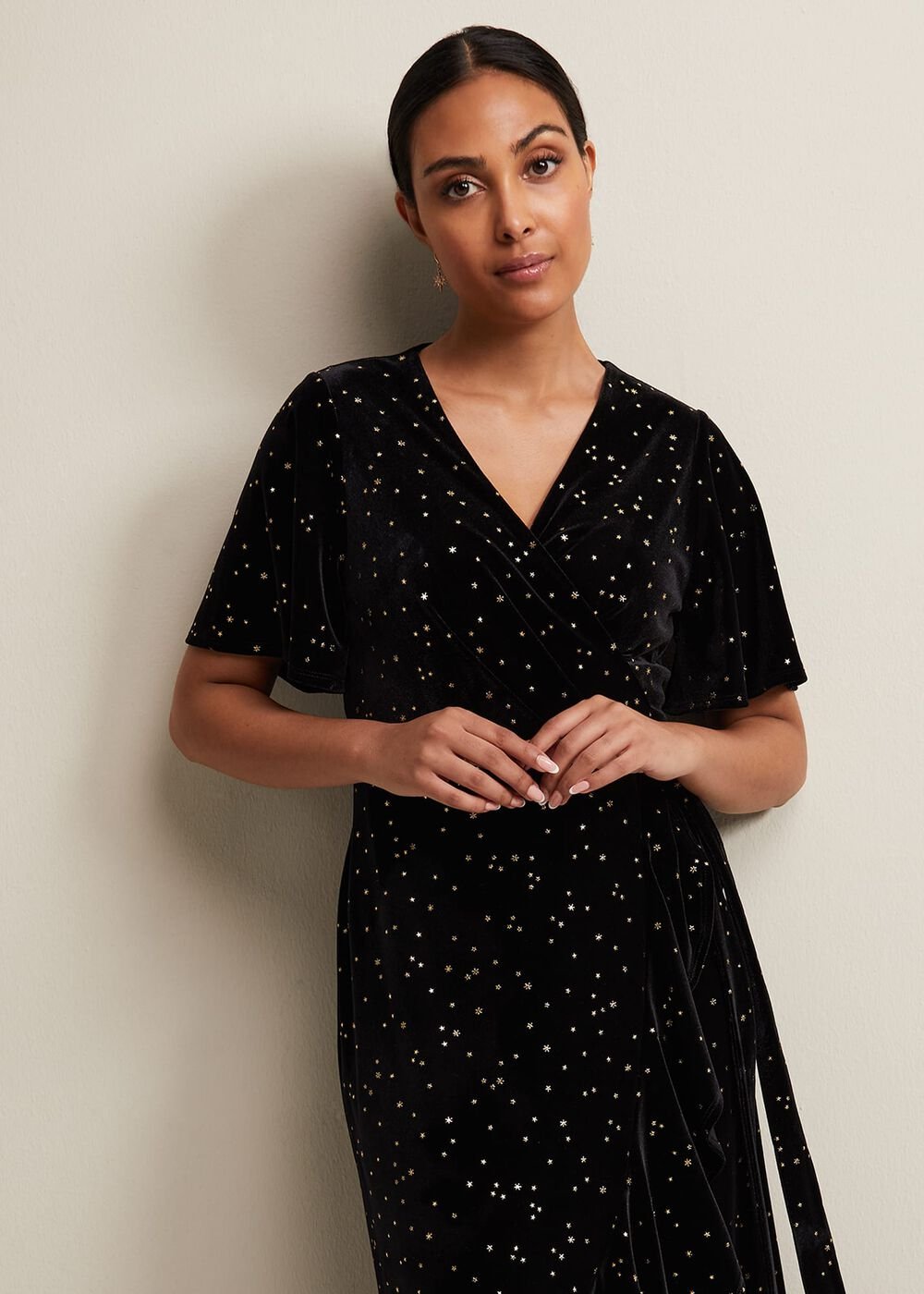 Petite Holly Velvet Star Wrap Maxi Dress Black