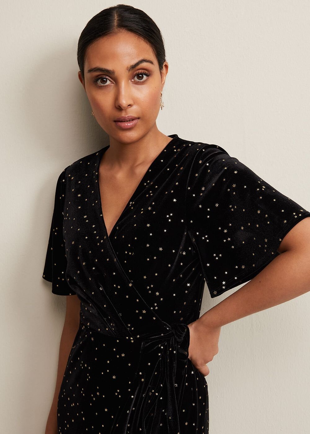 Petite Holly Velvet Star Wrap Maxi Dress Black