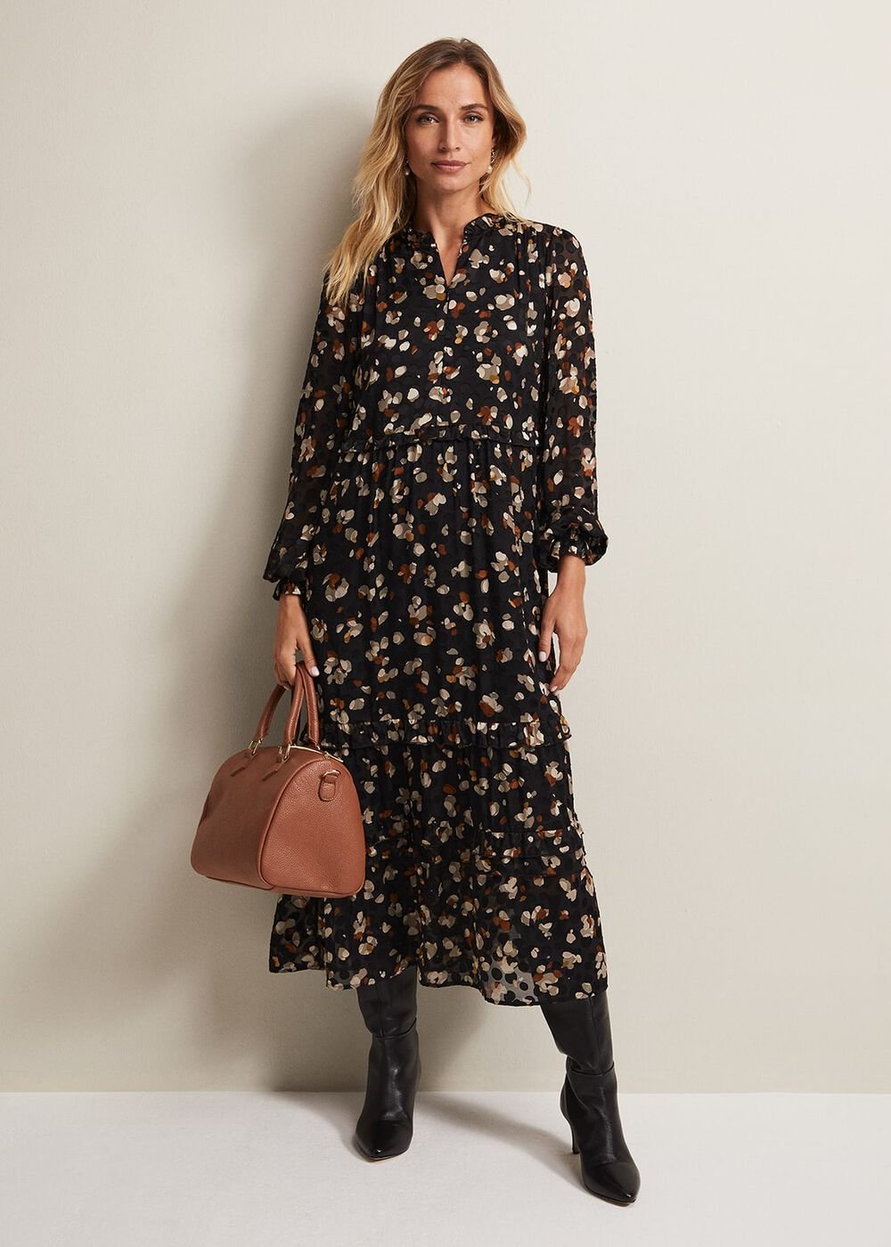 Leopard Print Midi Dress With Semi Sheer Long Sleeves Black Multi