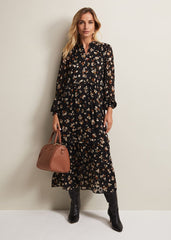 Leopard Print Midi Dress With Semi Sheer Long Sleeves Black Multi