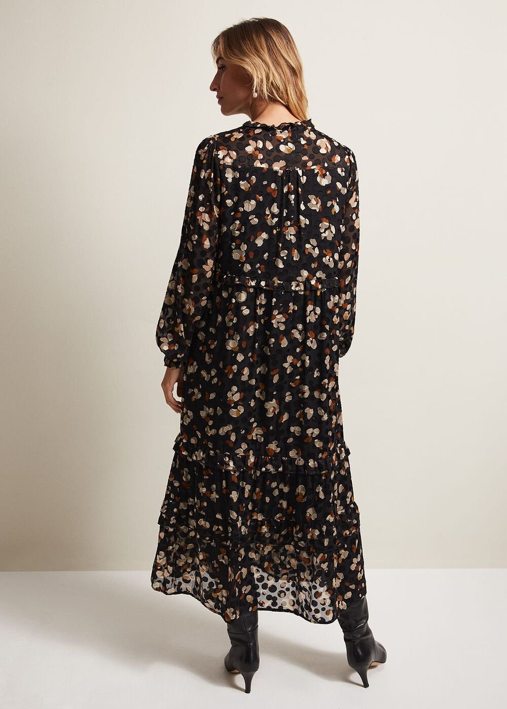 Leopard Print Midi Dress With Semi Sheer Long Sleeves Black Multi