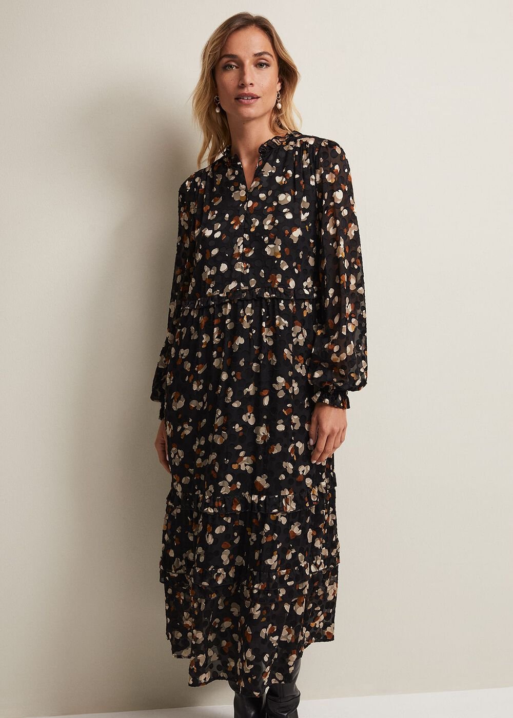 Leopard Print Midi Dress With Semi Sheer Long Sleeves Black Multi