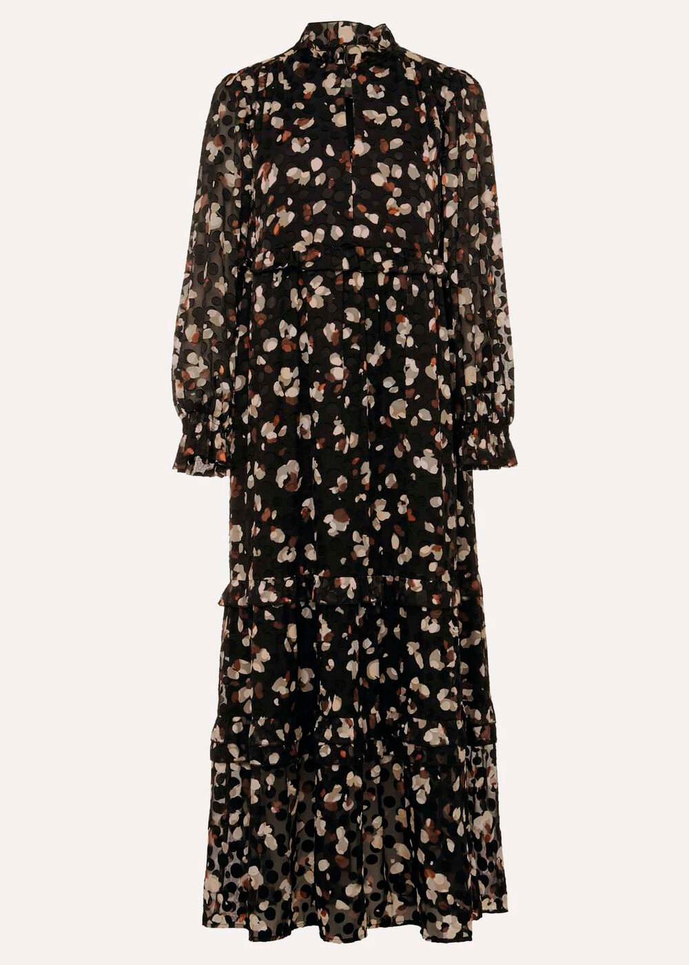 Leopard Print Midi Dress With Semi Sheer Long Sleeves Black Multi