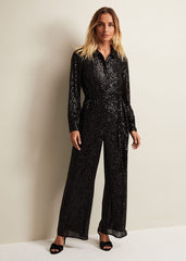 Alessandra Black Sequin Shirt Jumpsuit Black