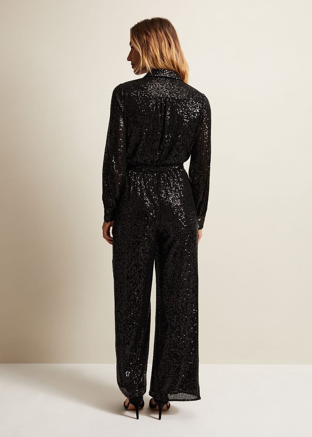 Alessandra Black Sequin Shirt Jumpsuit Black
