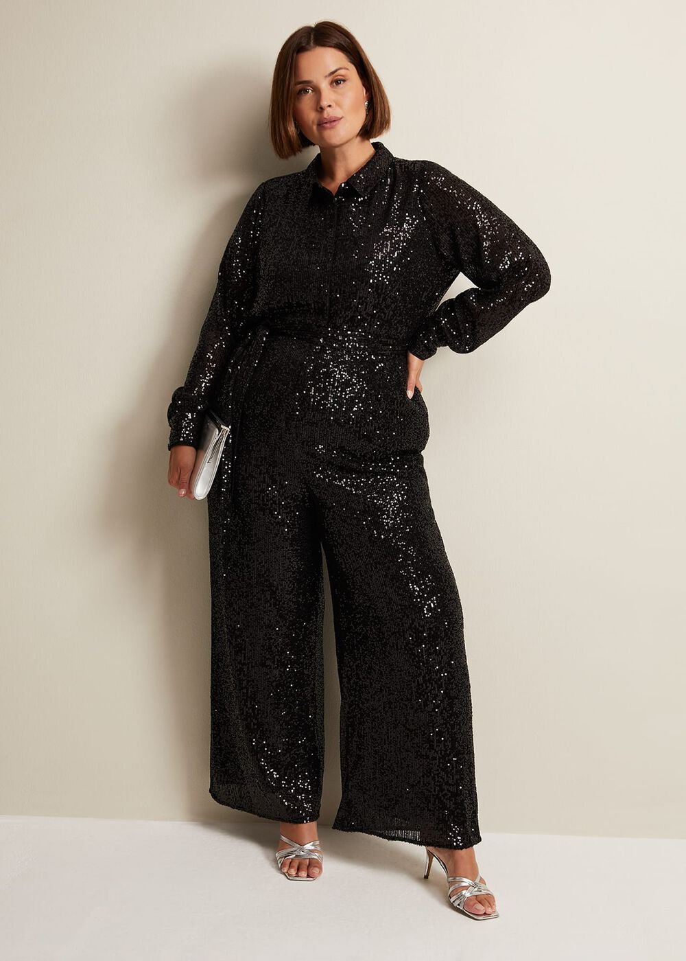 Alessandra Black Sequin Shirt Jumpsuit Black