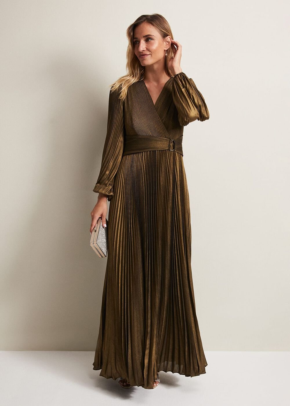 Adrianna Foil Pleated Maxi Dress Metallic