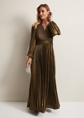 Adrianna Foil Pleated Maxi Dress Metallic