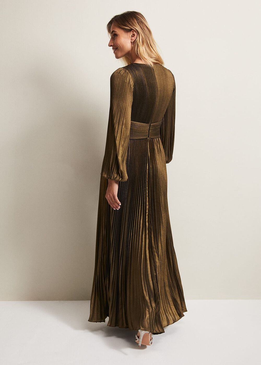 Adrianna Foil Pleated Maxi Dress Metallic