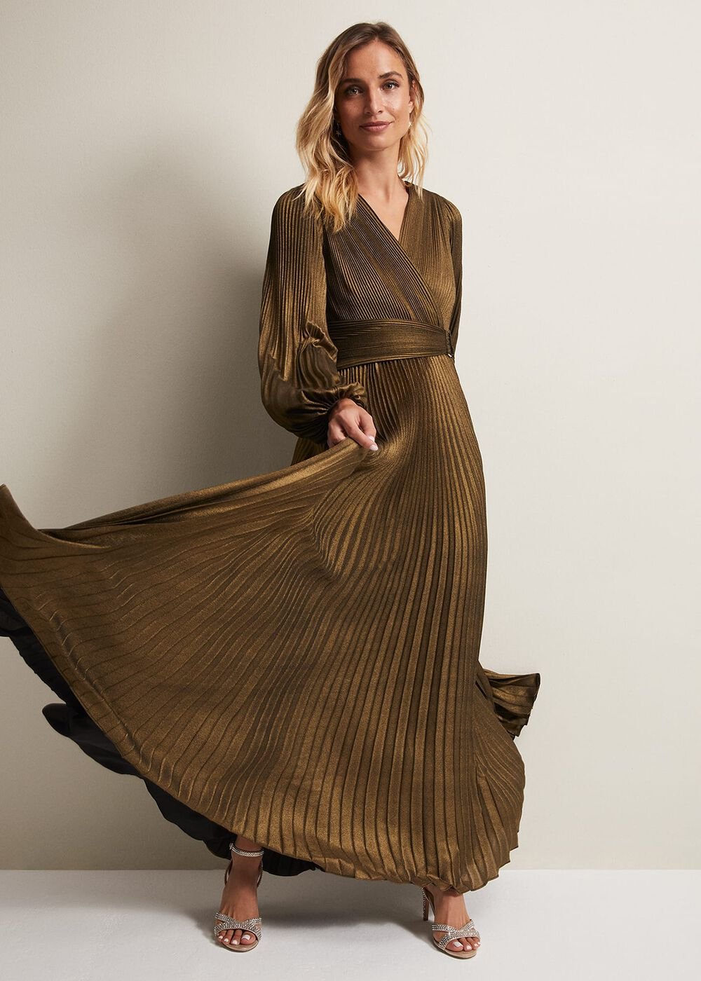 Adrianna Foil Pleated Maxi Dress Metallic