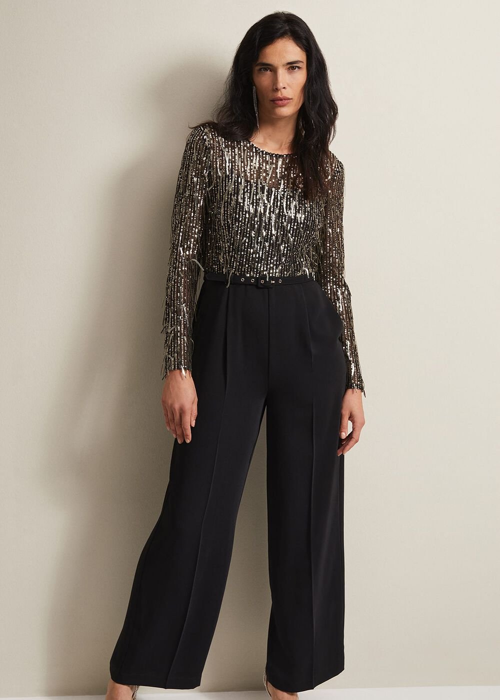 Mariah Sequin Fringe Wide Leg Jumpsuit Black