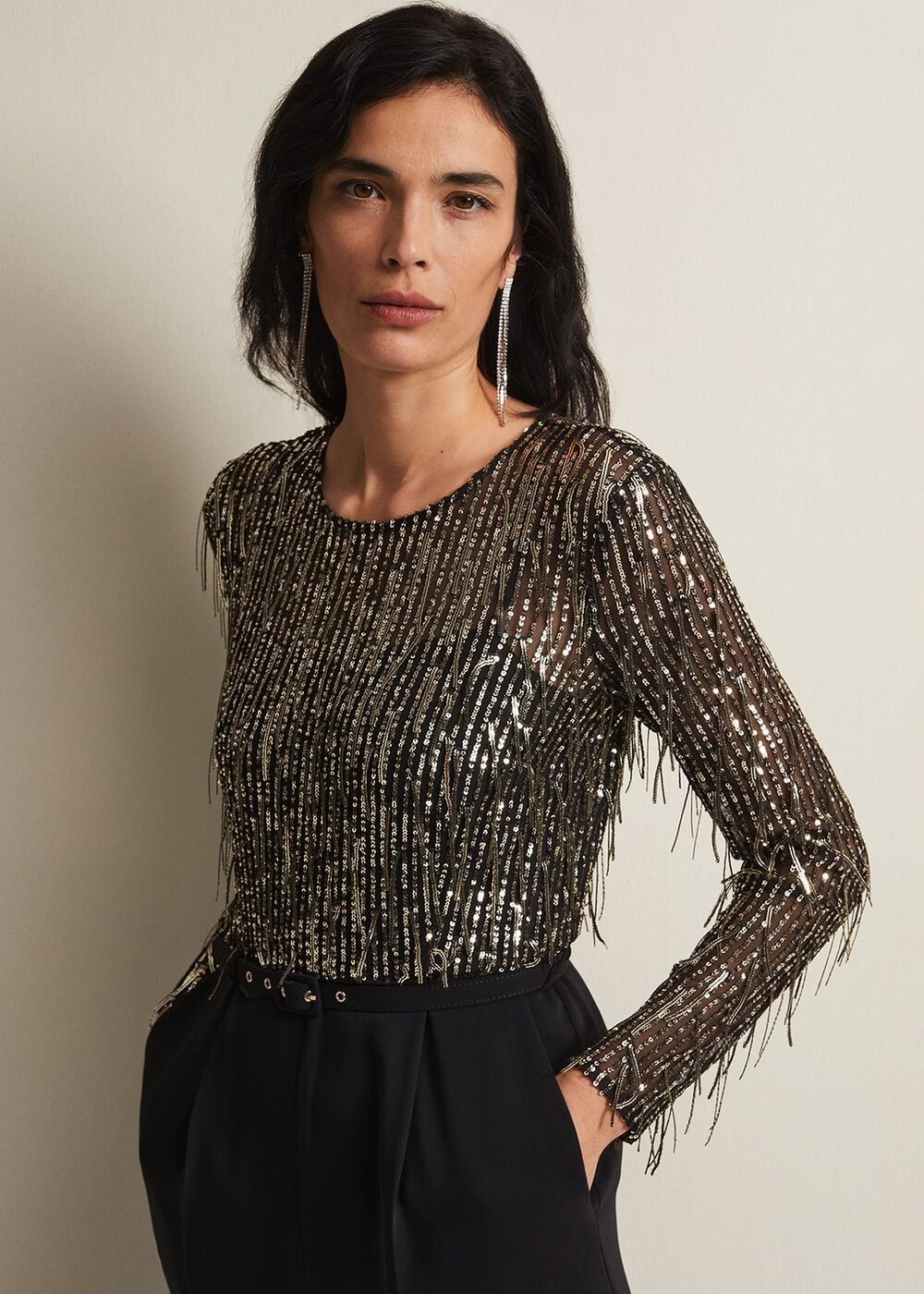Mariah Sequin Fringe Wide Leg Jumpsuit Black