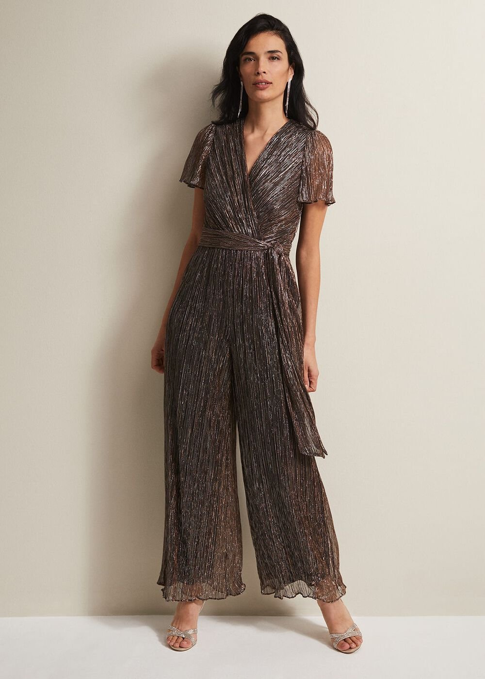 Stella Bronze Plisse Wide Leg Jumpsuit Metallic
