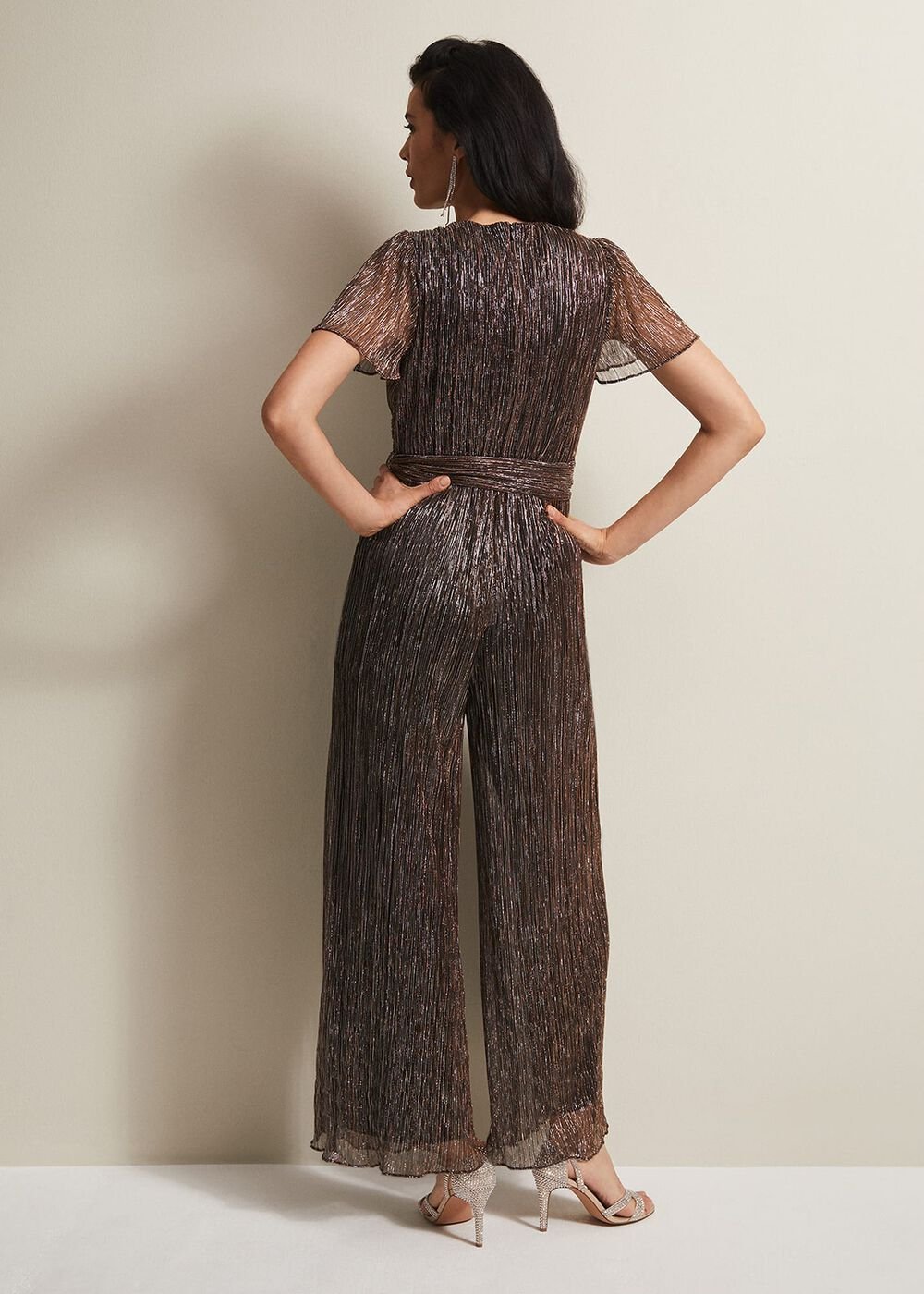 Stella Bronze Plisse Wide Leg Jumpsuit Metallic