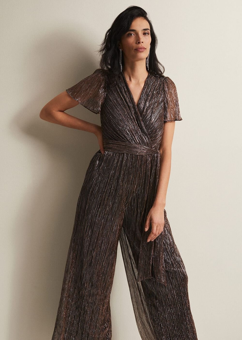 Stella Bronze Plisse Wide Leg Jumpsuit Metallic