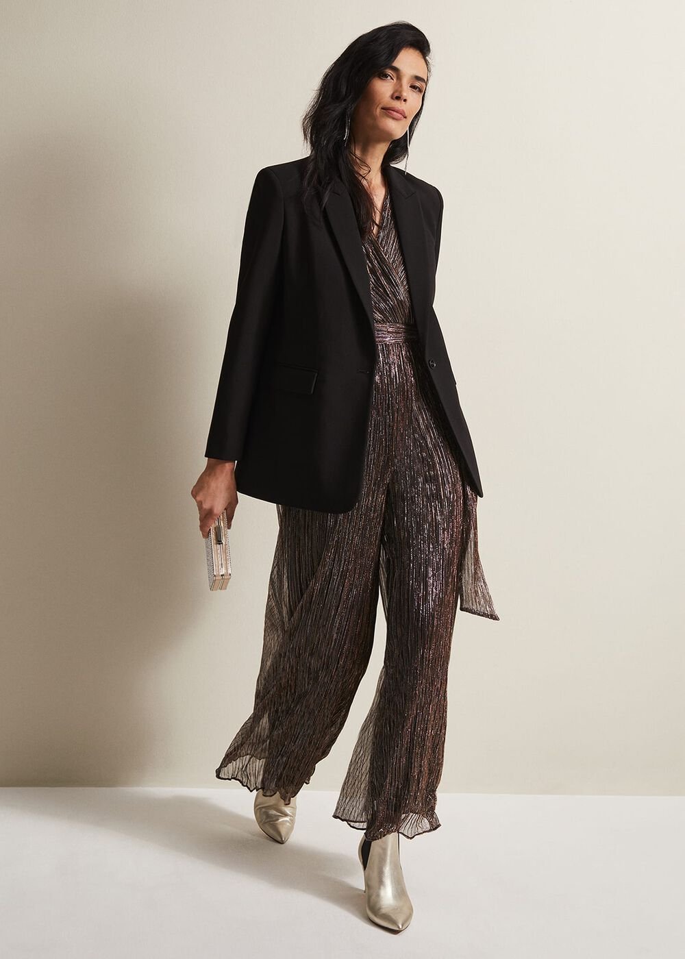 Stella Bronze Plisse Wide Leg Jumpsuit Metallic