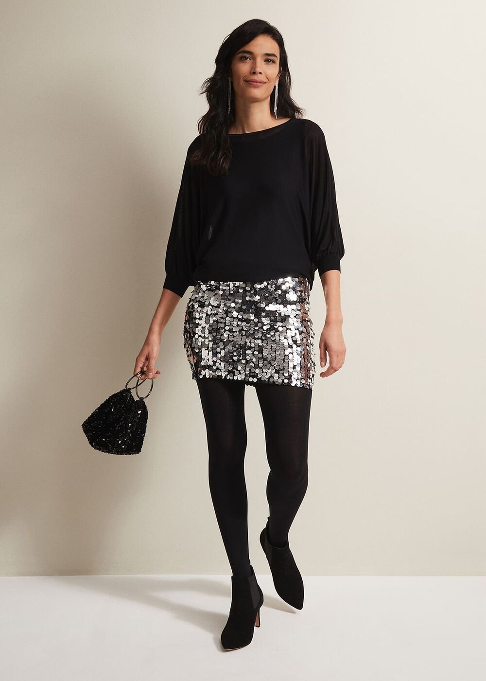 Becca Silver Sequin Batwing Mini Dress Black/Multi