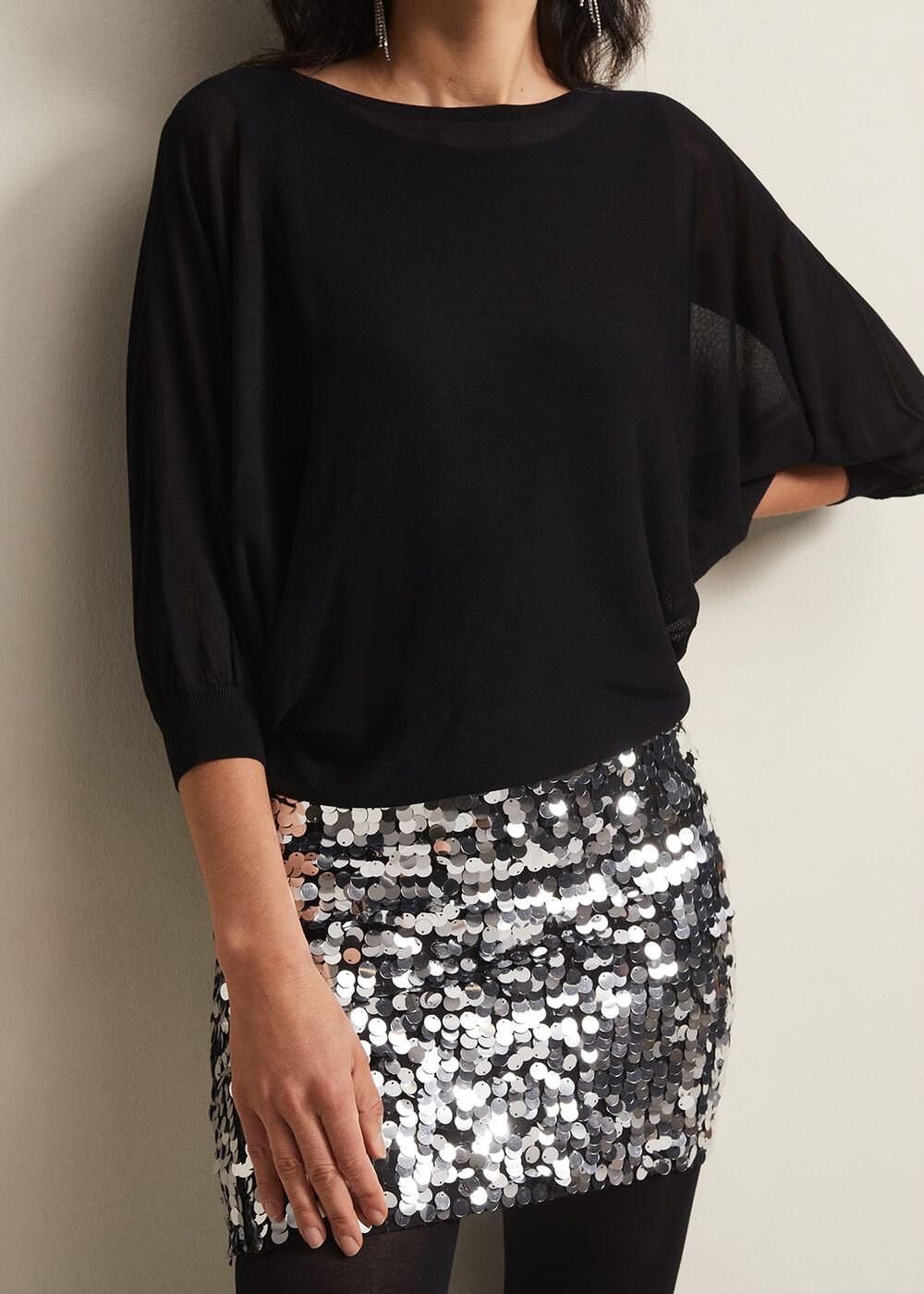 Becca Silver Sequin Batwing Mini Dress Black/Multi