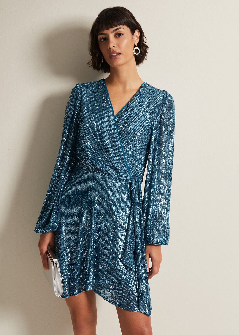 Carissa Teal Sequin Wrap Mini Dress Teal