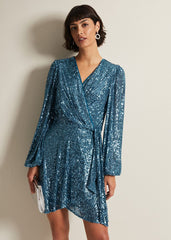 Carissa Teal Sequin Wrap Mini Dress Teal