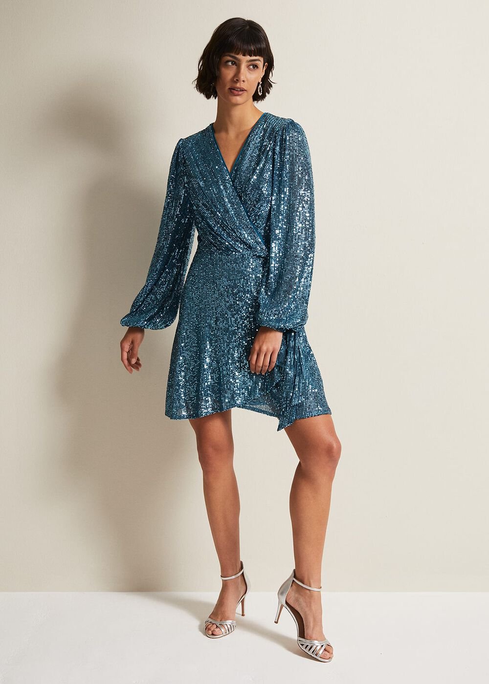 Carissa Teal Sequin Wrap Mini Dress Teal