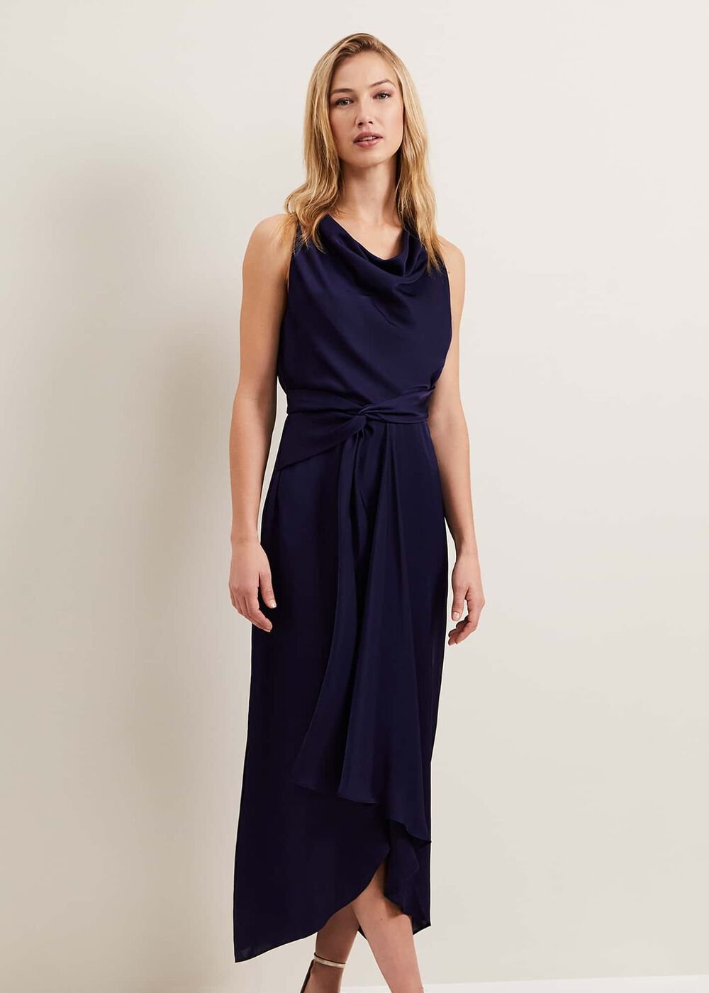 Daliah High Neck Satin Midi Dress Navy