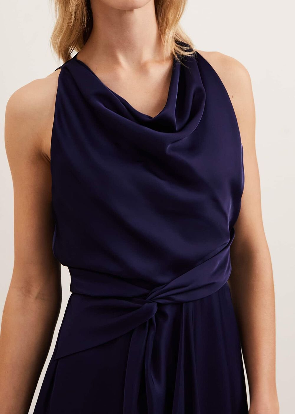Daliah High Neck Satin Midi Dress Navy