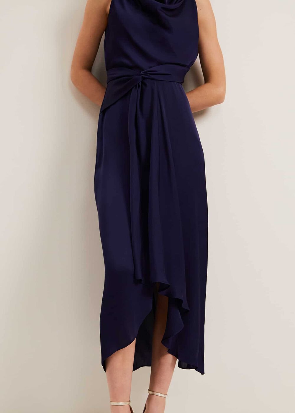 Daliah High Neck Satin Midi Dress Navy