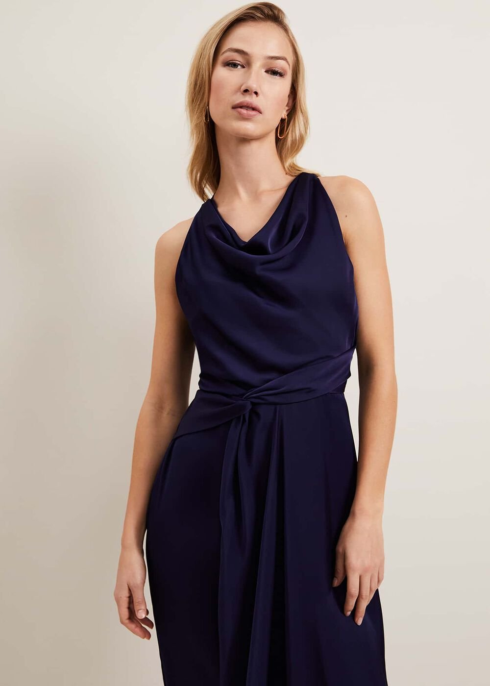 Daliah High Neck Satin Midi Dress Navy