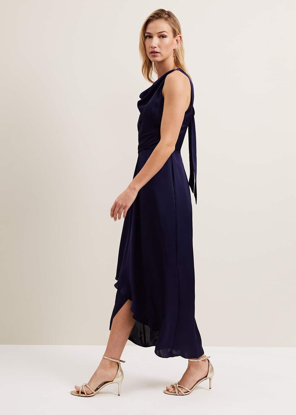 Daliah High Neck Satin Midi Dress Navy