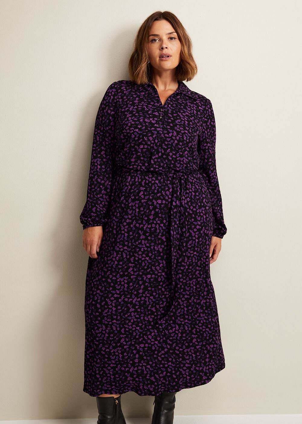 Purple Floral Button Up Midi Dress With Long Sleeves Black/Multi