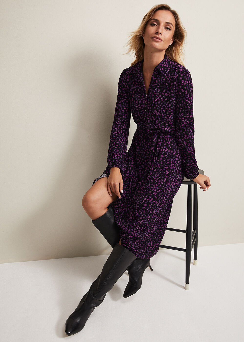 Purple Floral Button Up Midi Dress With Long Sleeves Black/Multi
