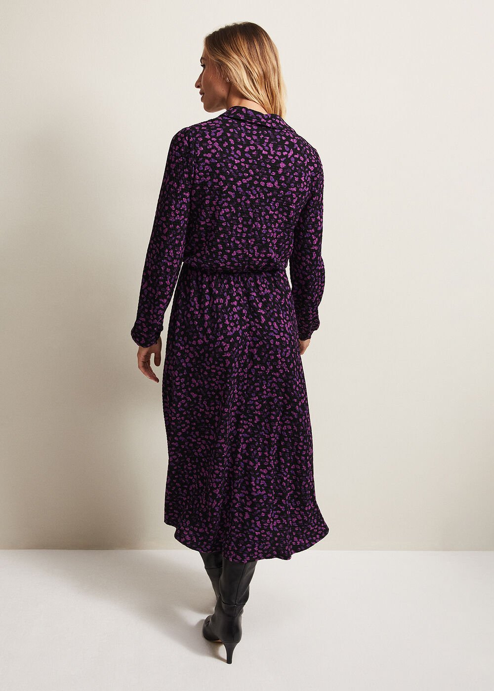 Purple Floral Button Up Midi Dress With Long Sleeves Black/Multi