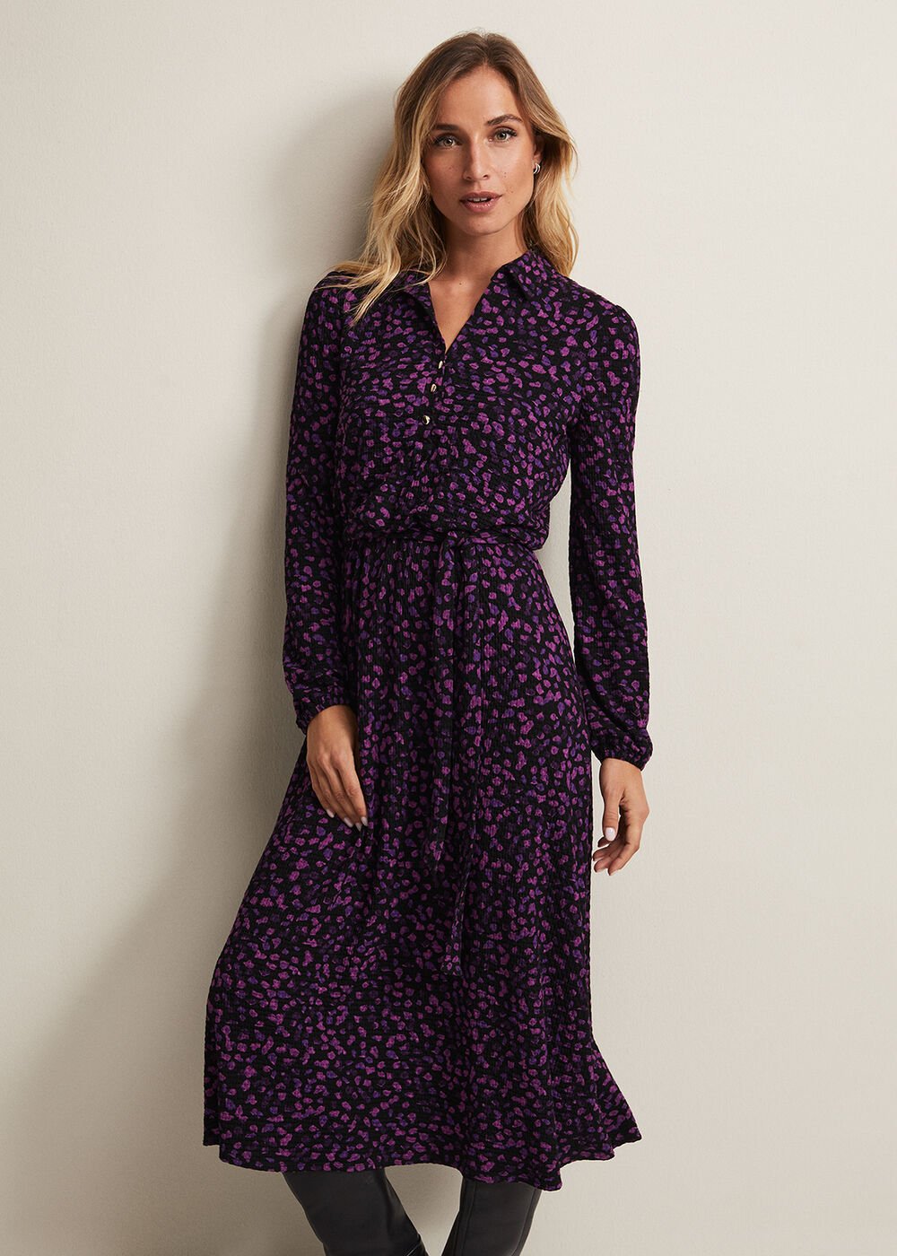 Purple Floral Button Up Midi Dress With Long Sleeves Black/Multi