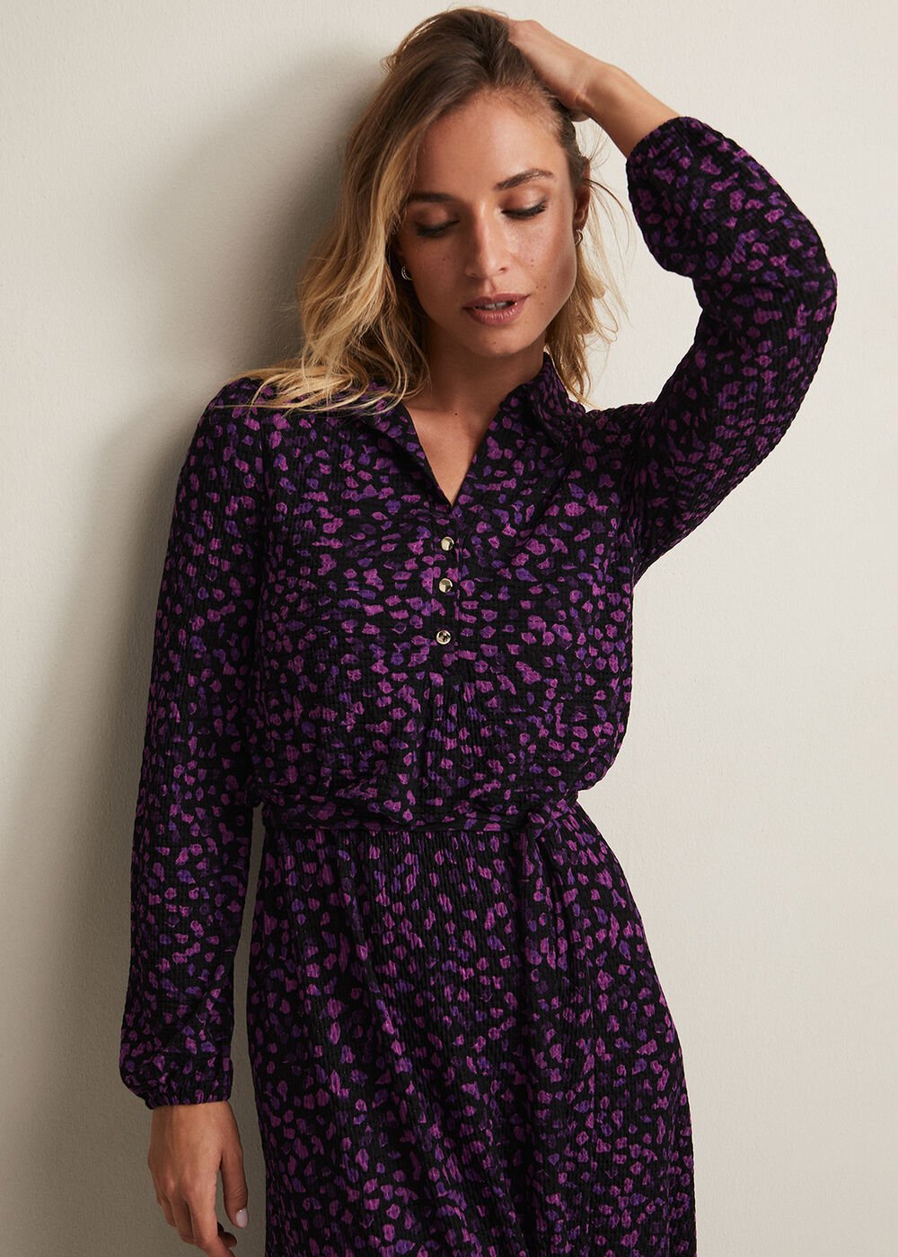 Purple Floral Button Up Midi Dress With Long Sleeves Black/Multi