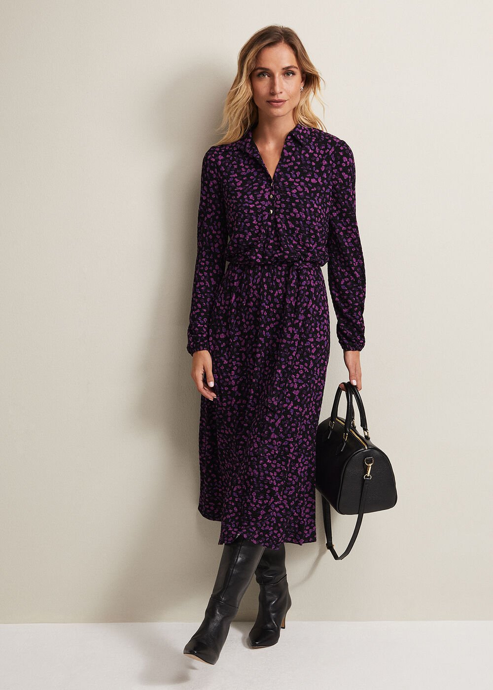 Purple Floral Button Up Midi Dress With Long Sleeves Black/Multi