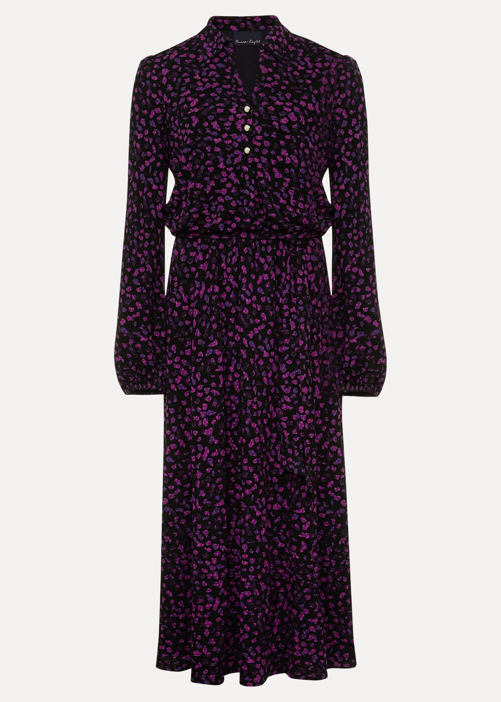 Purple Floral Button Up Midi Dress With Long Sleeves Black/Multi