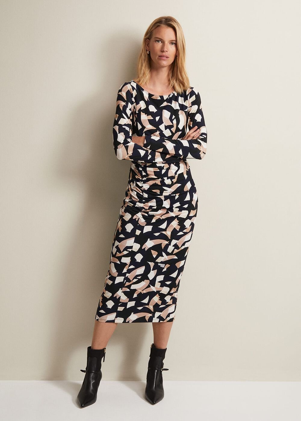 Jordana Geo Ruched Midi Dress Navy