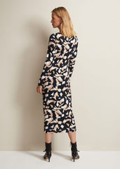 Jordana Geo Ruched Midi Dress Navy