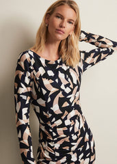 Jordana Geo Ruched Midi Dress Navy