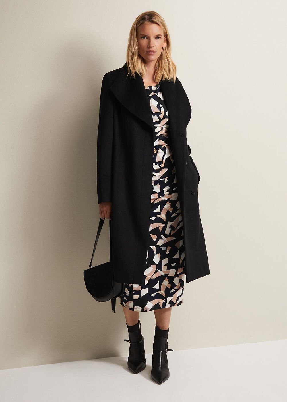 Jordana Geo Ruched Midi Dress Navy