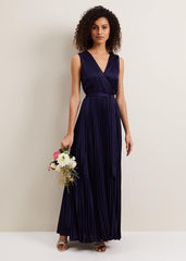 Bonnie Pleat Wrap Satin Maxi Dress Navy