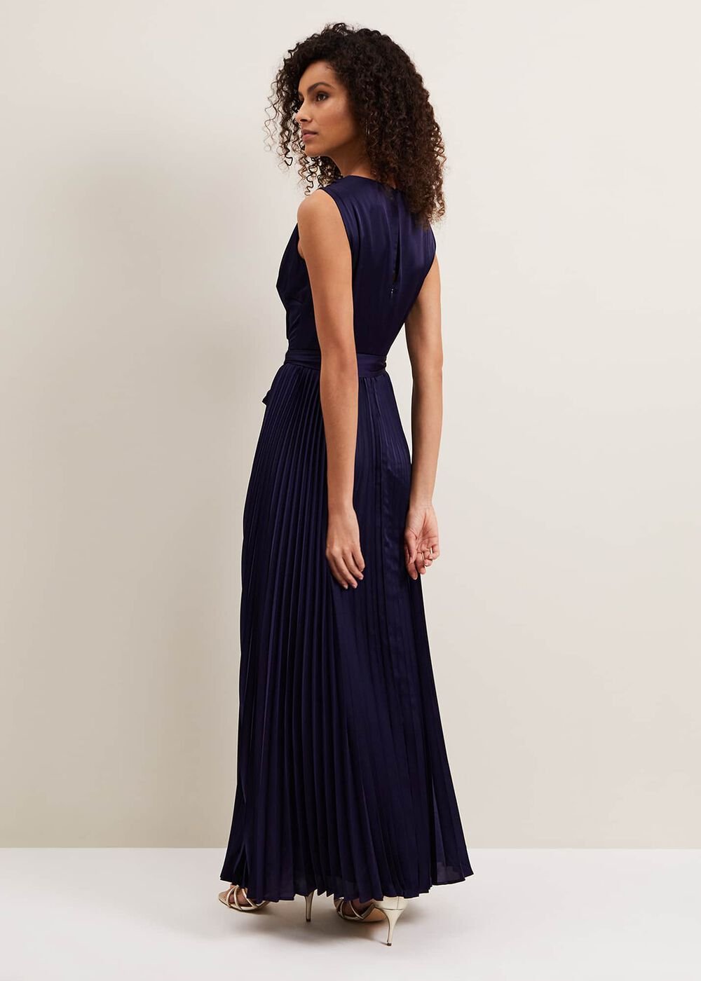 Bonnie Pleat Wrap Satin Maxi Dress Navy