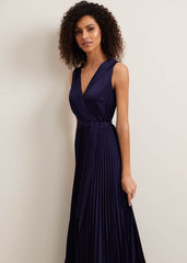 Bonnie Pleat Wrap Satin Maxi Dress Navy
