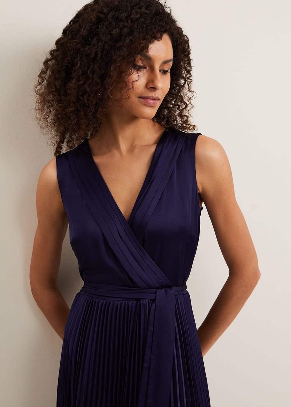 Bonnie Pleat Wrap Satin Maxi Dress Navy
