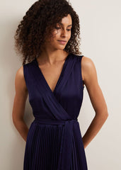 Bonnie Pleat Wrap Satin Maxi Dress Navy