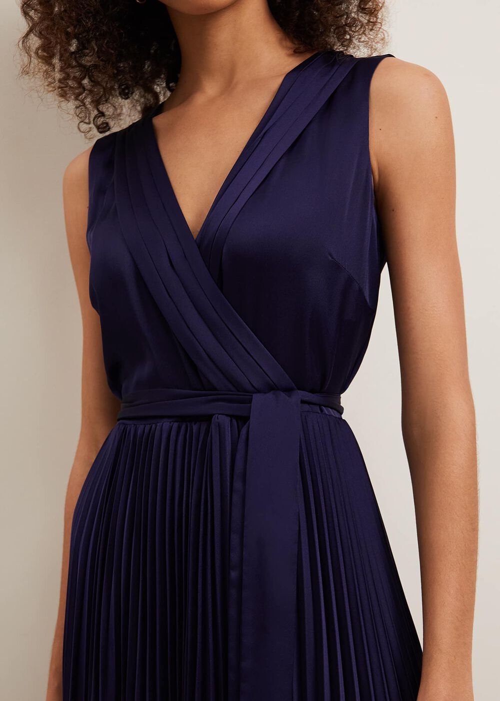 Bonnie Pleat Wrap Satin Maxi Dress Navy